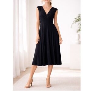 Talbots Black Sleeveless Midi Dress XS V-Neck Empire Waist Minimalist Cocktail